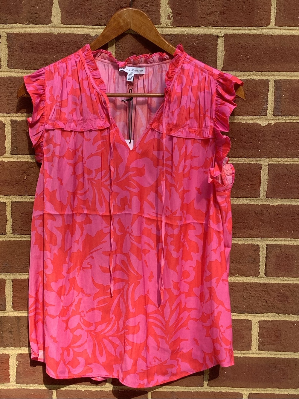 NWT Maison d’Amelie Top Blouse Flutter Sleeve Ruffle Pink Orange Tropical M